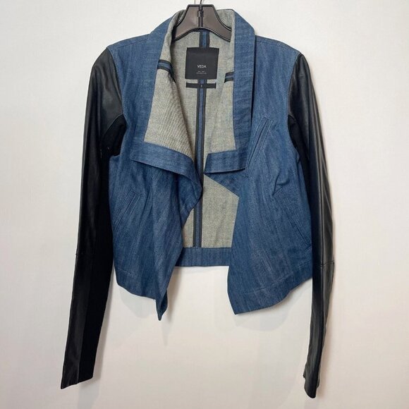 Veda Jackets & Blazers - Veda Womens Moto Denim Jacket Leather Sleeve Blue‎ S Wool Waterfall Blazer Crop